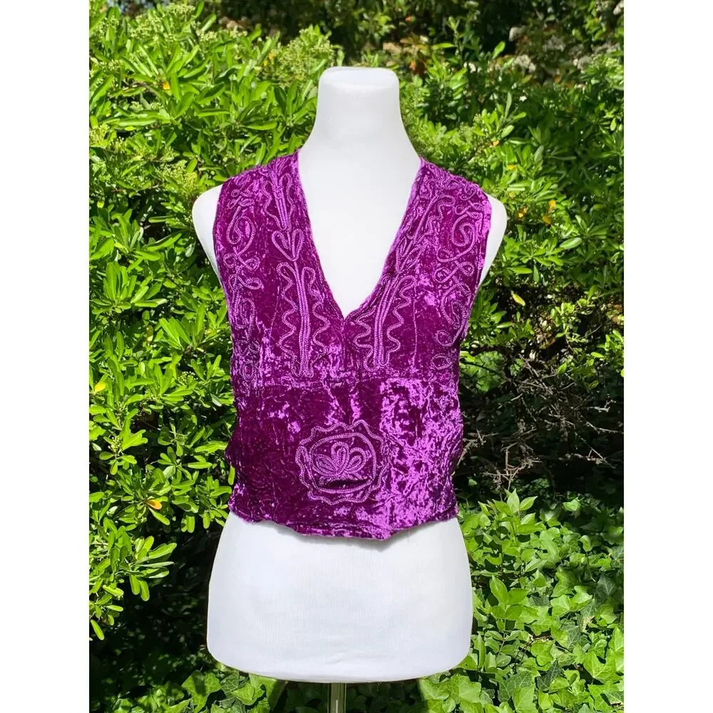 90s Crushed Velvet Festival Top Purple Boho Hippie Embroidery Tie Back Coachella - Picture 2 of 9